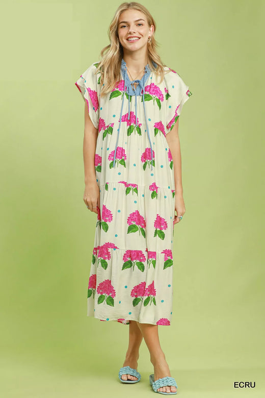 Hydrangea Print Tiered Midi Dress - alternate view 2