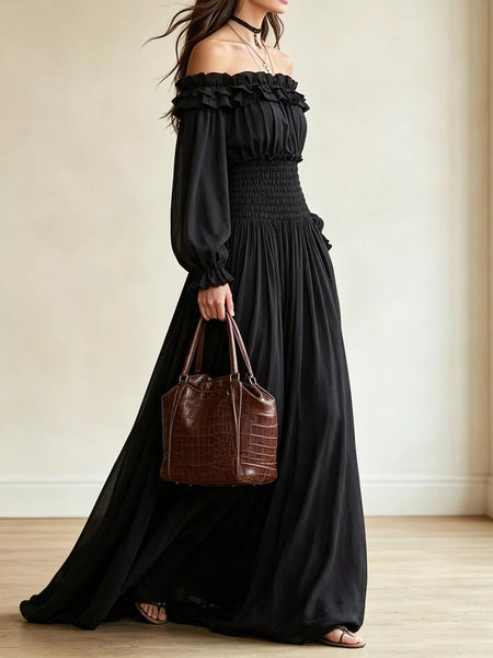 Full Size Off-Shoulder Ruffled Smocked Waist Maxi Dress with Pockets Plus Size - alternate view 6