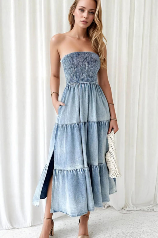 Smocked Tube Slit Tiered Denim Sleeveless Dress - alternate view 2