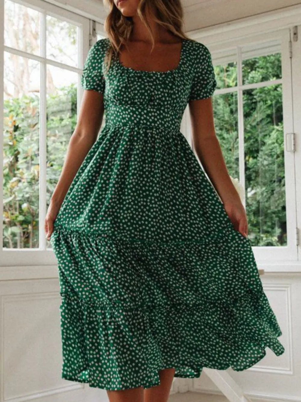 Printed Square Neck Short Sleeve Midi Dress - alternate view 5