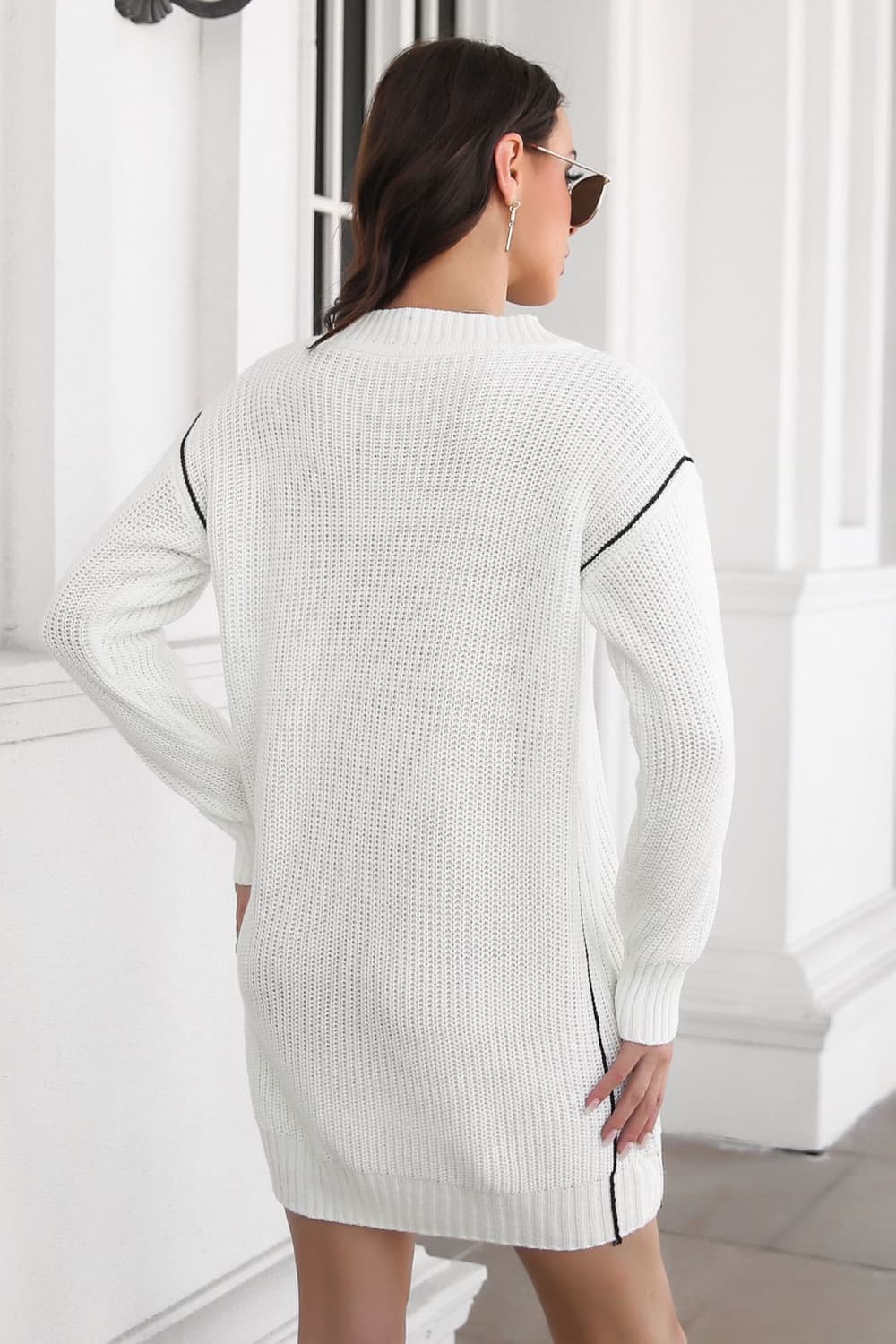 Contrast V-Neck Sweater Dress - alternate view 6