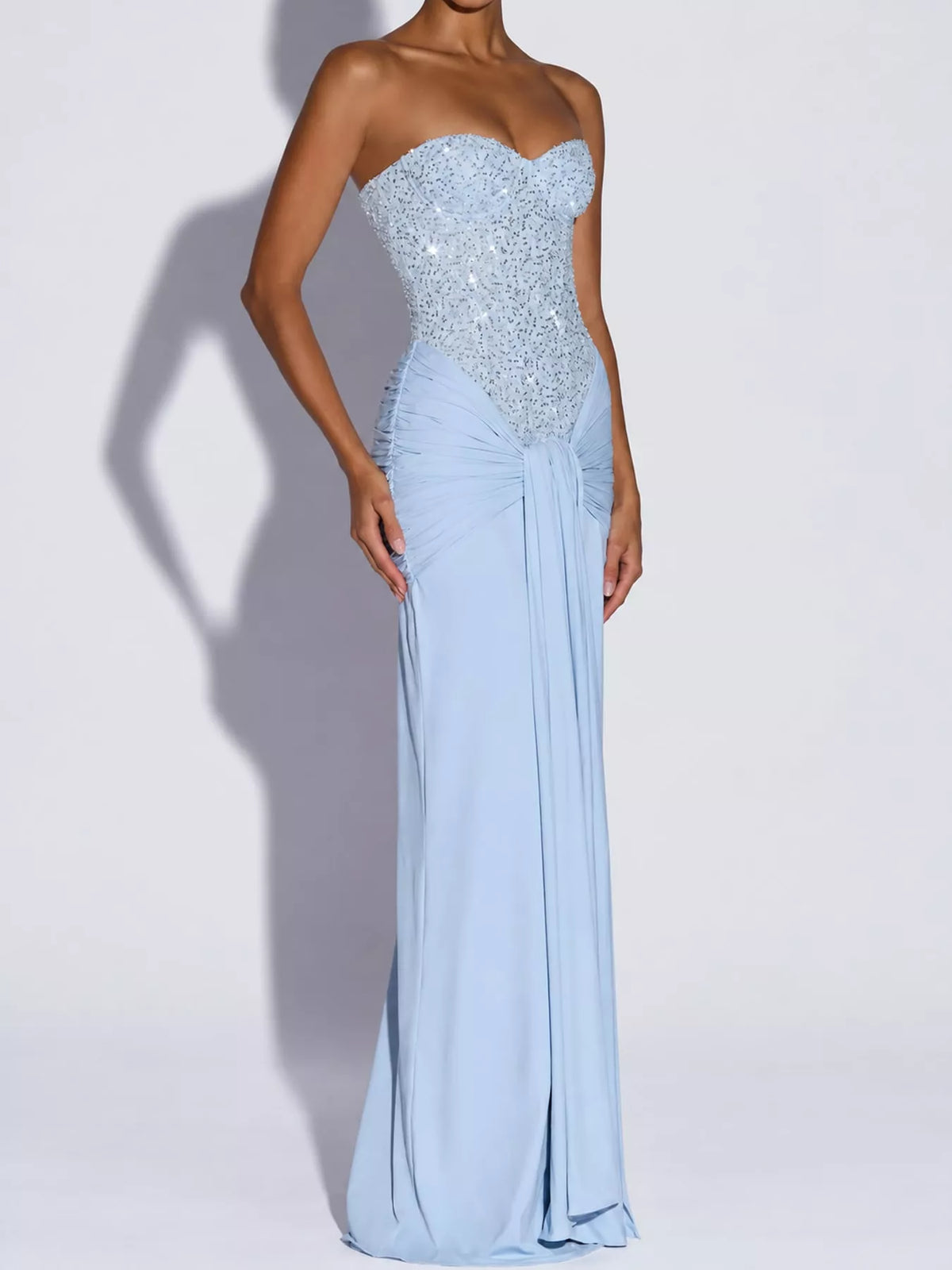 Elegant Strapless Sequin Corset Maxi Dress with Draped Waist Detail - alternate view 11