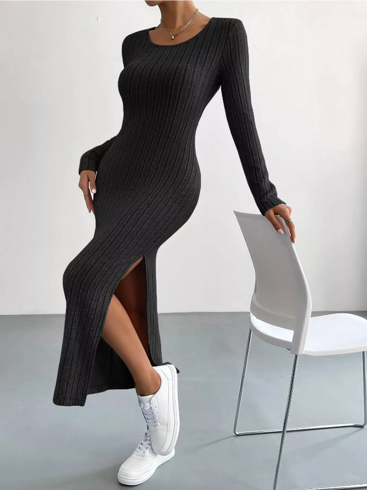 Side Slit Ribbed Knit Dress - alternate view 4