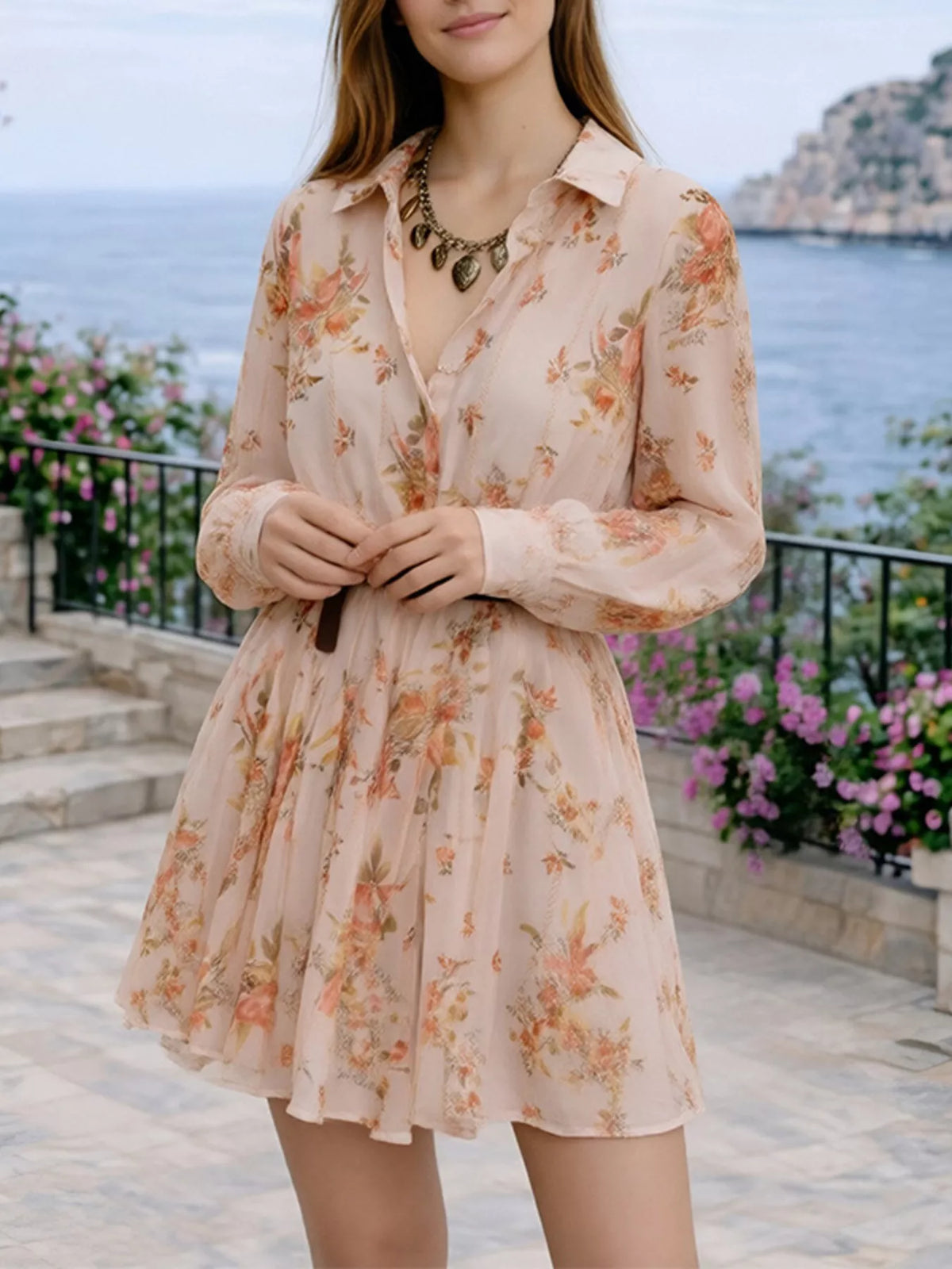 Floral Print Long Sleeve Shirt Dress Plus Size - alternate view 6
