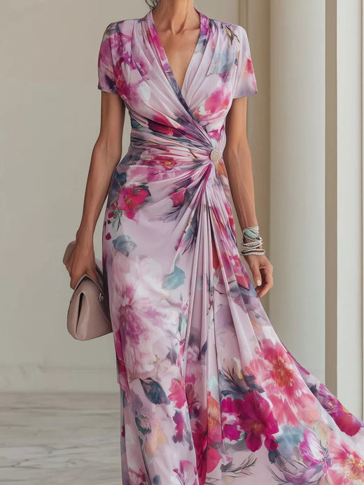 Floral Print Ruched Short Sleeve Maxi Dress - alternate view 3