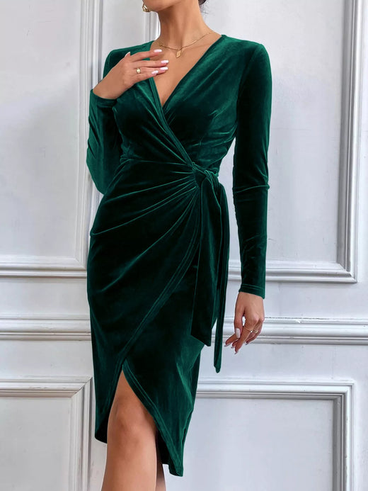 Velvet Wrap Long Sleeve Midi Dress - alternate view 5