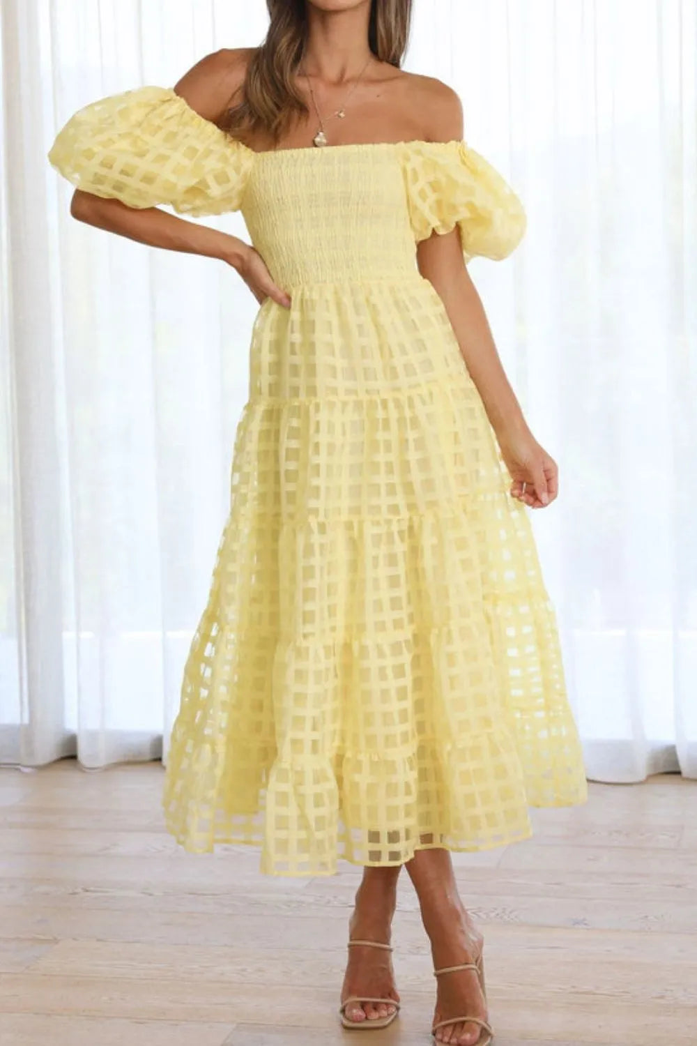 Off Shoulder Short Puff Sleeve Midi Dress - alternate view 8
