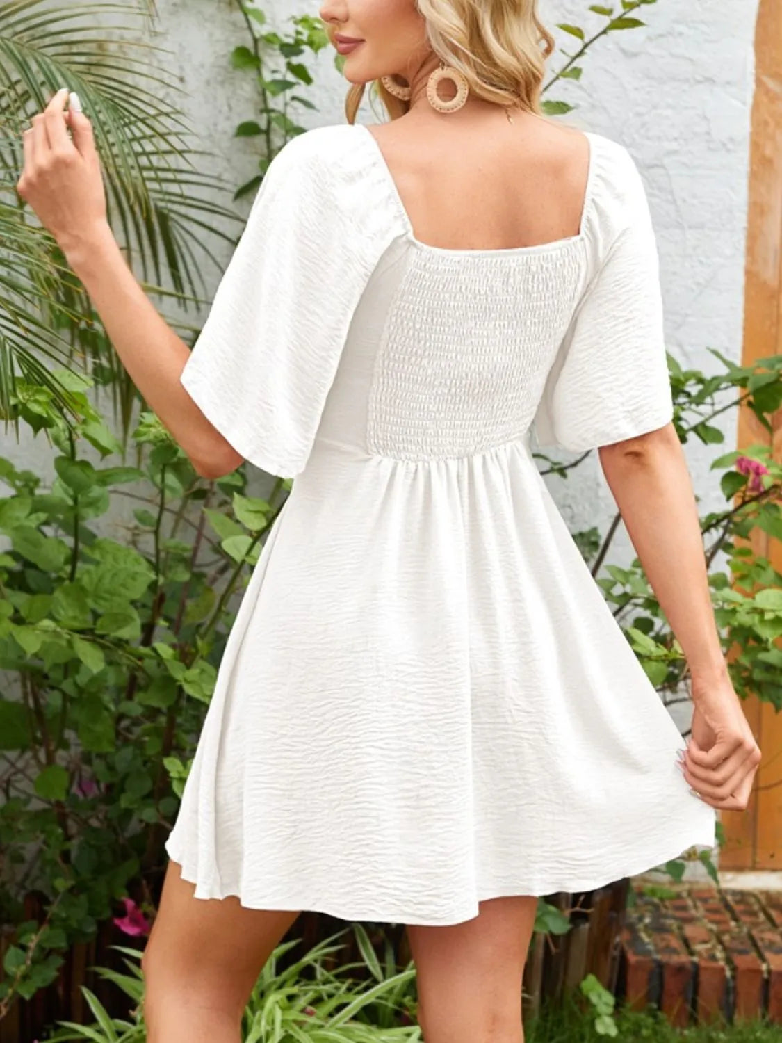 Smocked Back Knotted Flutter Sleeve Dress - alternate view 6