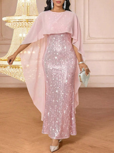Sequin Cape Overlay Evening Dress