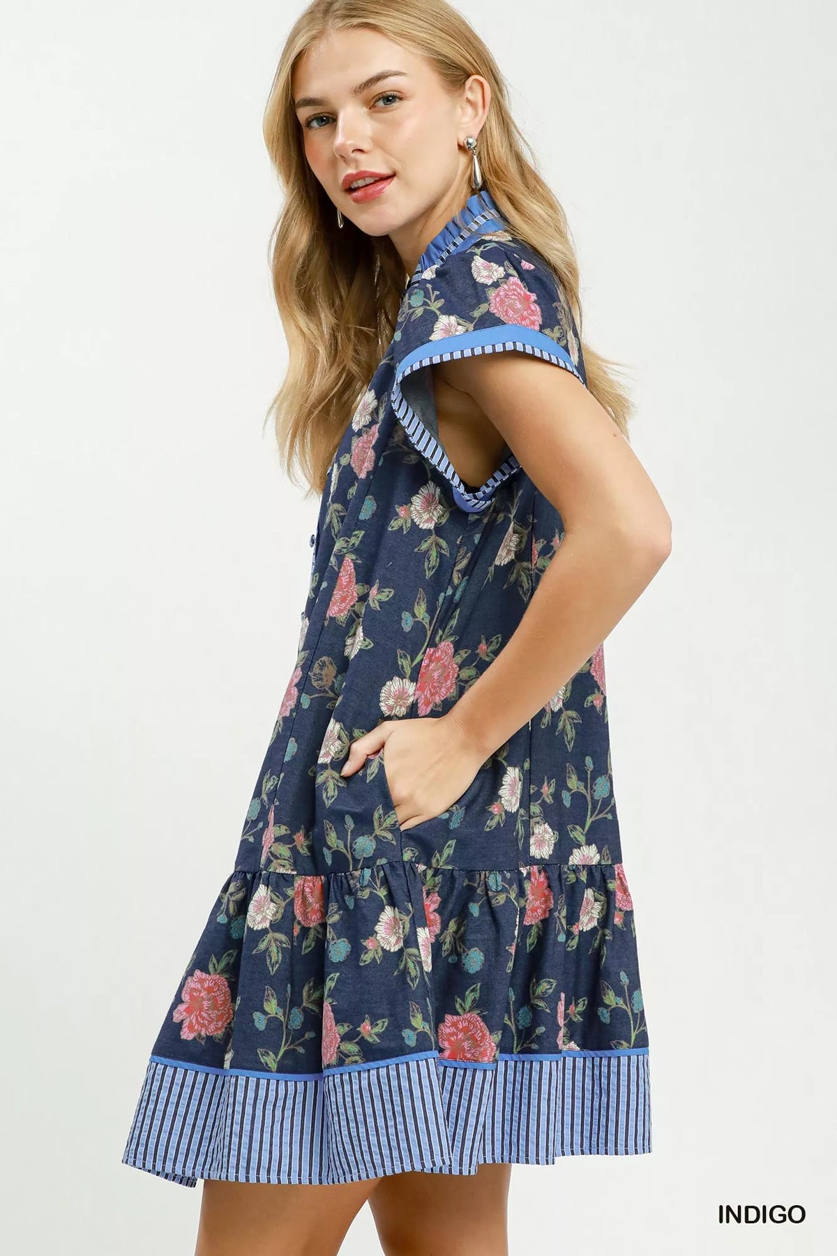 Floral Contrast Trim Ruffle Hem Mini Dress - alternate view 2