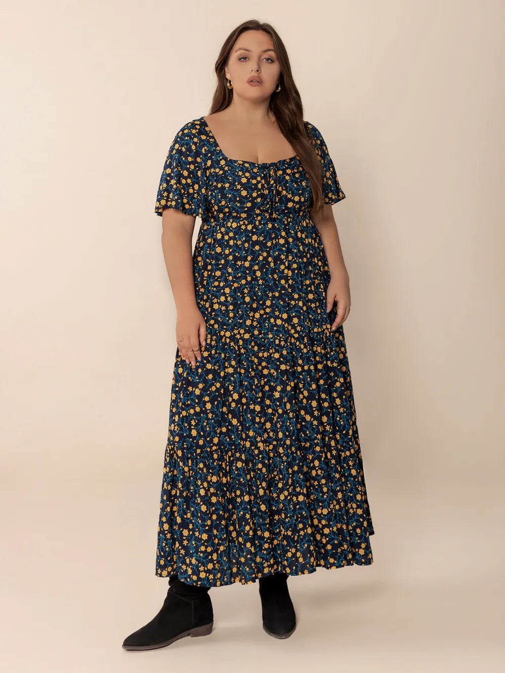 Printed Short Sleeve Slit Tiered Maxi Dress - alternate view 6