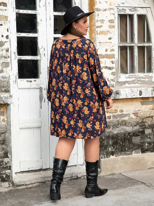 Floral V-Neck Balloon Sleeve Dress - alternate view 2