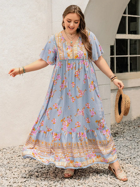 Printed Tie Neck Flutter Sleeve Maxi Dress