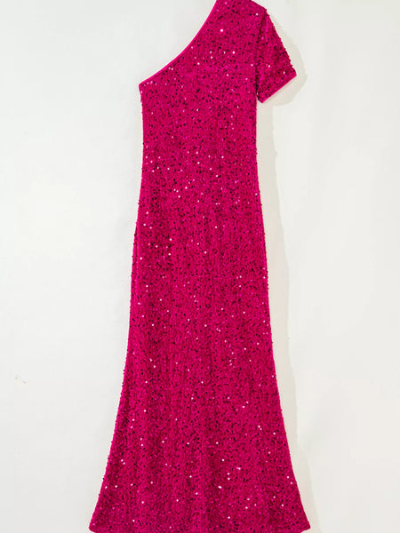 Sequin One-Shoulder Dress with High Slit - alternate view 2