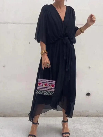 Flowy Tie Front Midi Dress with Flutter Sleeves - alternate view 22