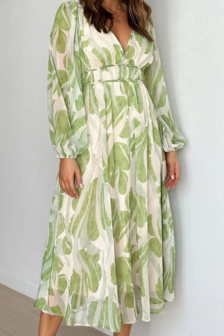 Printed V-Neck Long Sleeve Midi Dress - alternate view 6
