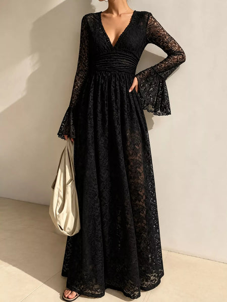 V-Neck Lace Flare Sleeve Maxi Dress - alternate view 4