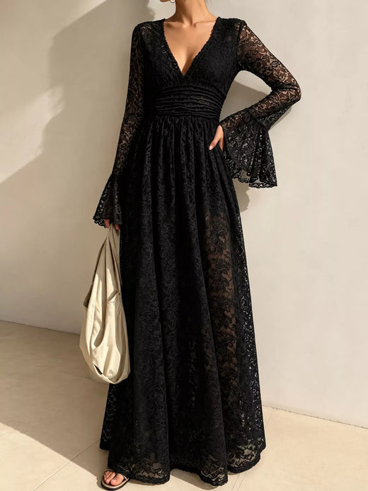 V-Neck Lace Flare Sleeve Maxi Dress - alternate view 4