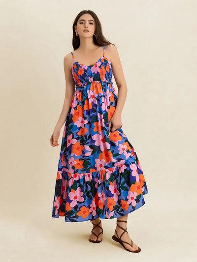 Smocked Back Ruffled Hem Printed Cami Dress