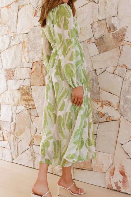 Printed V-Neck Long Sleeve Midi Dress - alternate view 5