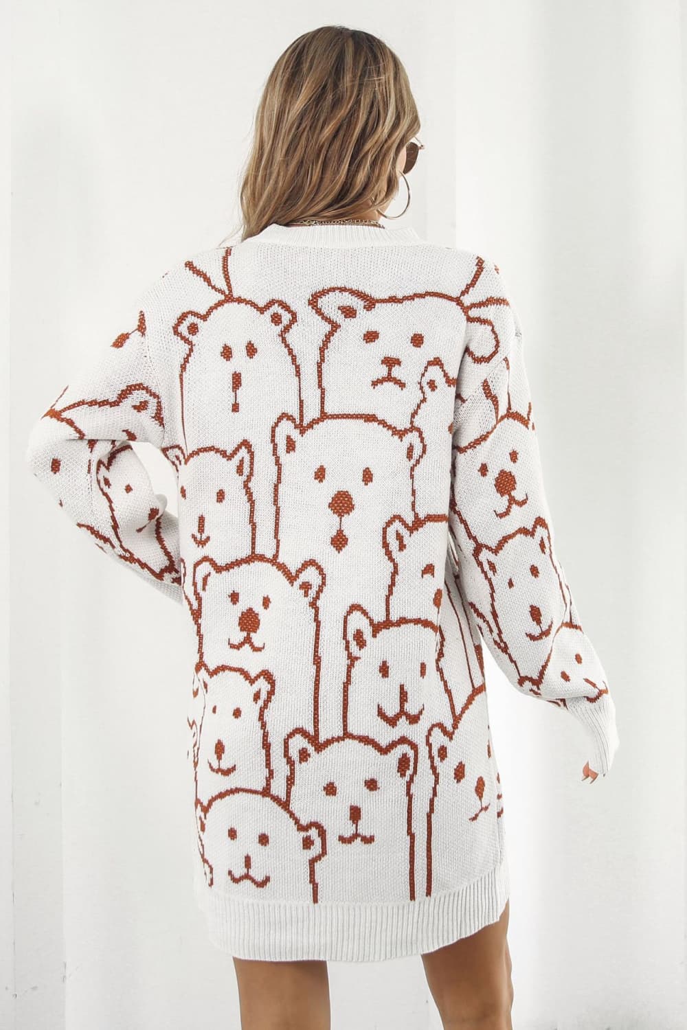 Bear Pattern Round Neck Sweater Dress - alternate view 4