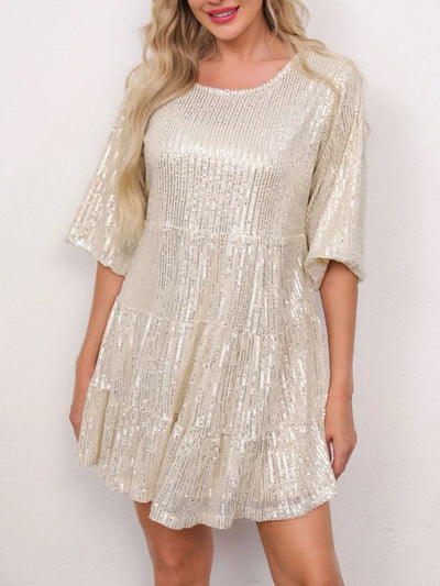 Sequin Round Neck Half Sleeve Mini Dress - alternate view 4