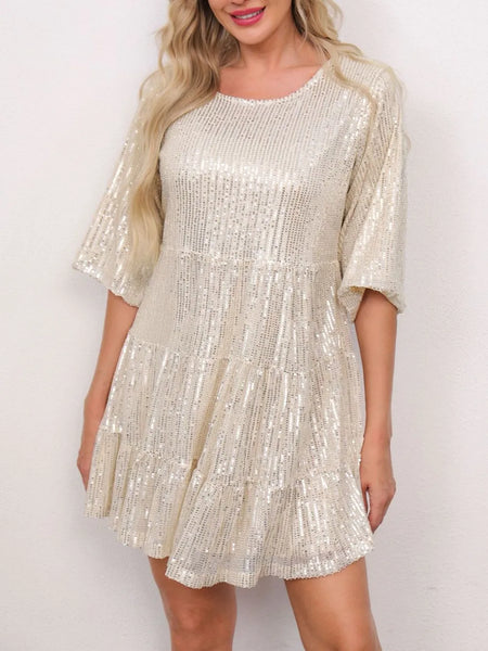 Sequin Round Neck Half Sleeve Mini Dress - alternate view 4