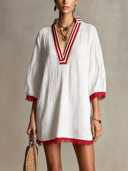 Lace Trim Notched Mini Dress - alternate view 3