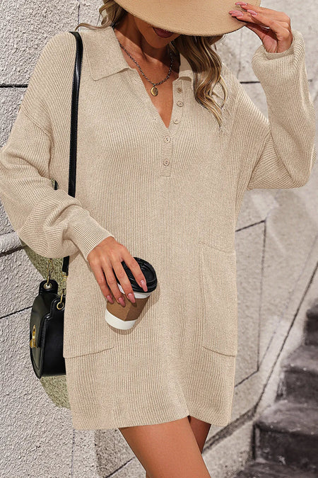 Collared Neck Long Sleeve Sweater Dress with Pockets - alternate view 8