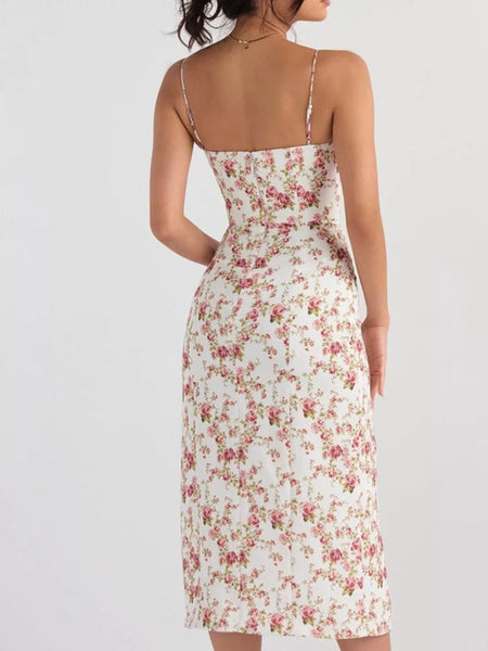 Floral Print Lace Trim Slit Midi Dress - alternate view 7