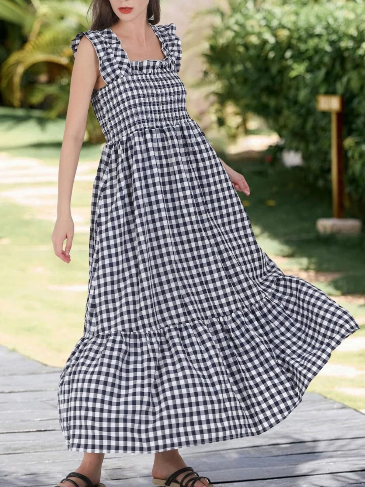 Ruffled Sleeveless Gingham Midi Dress - alternate view 2