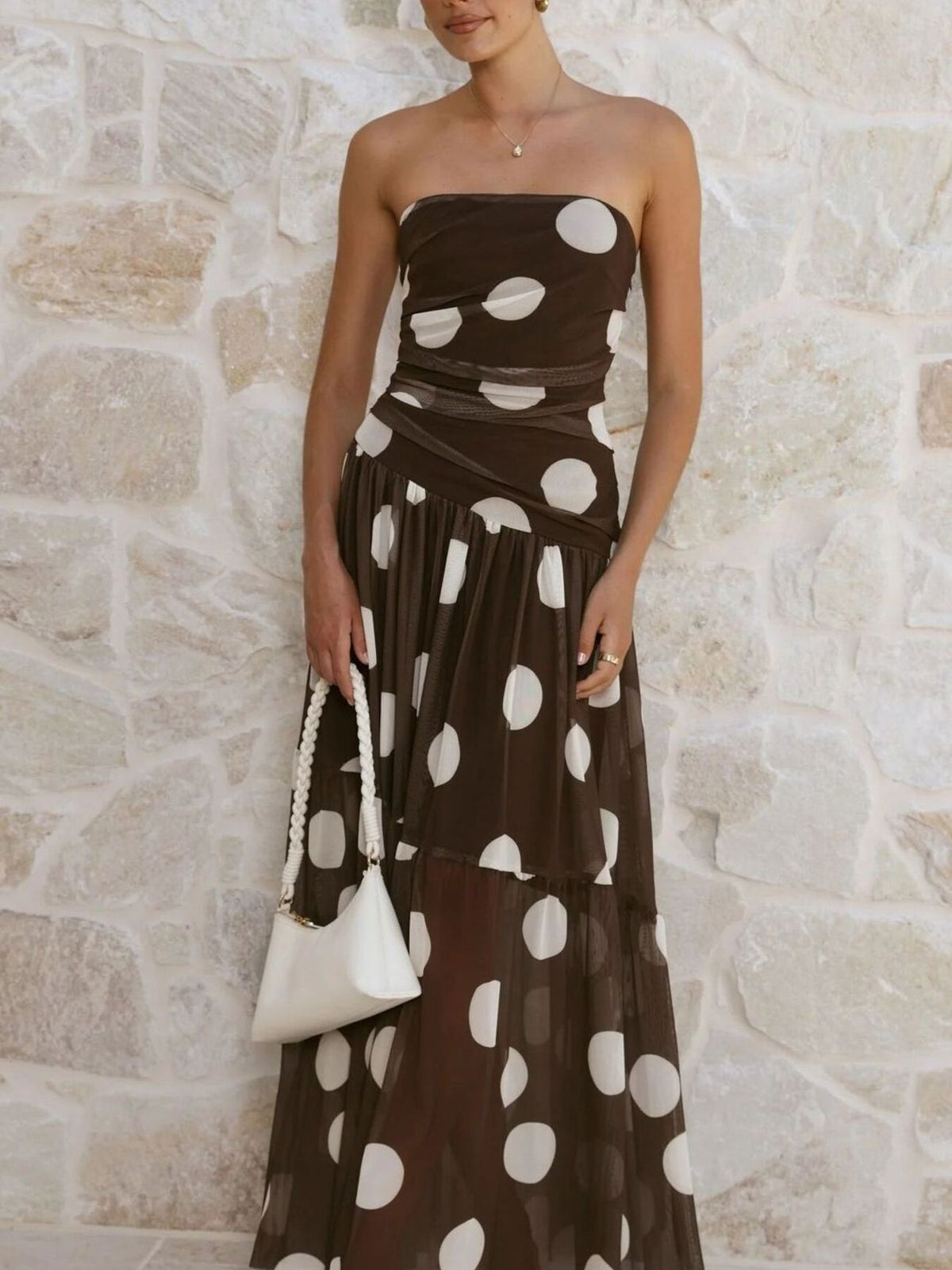 Polka Dot Strapless Ruched Maxi Dress - alternate view 2