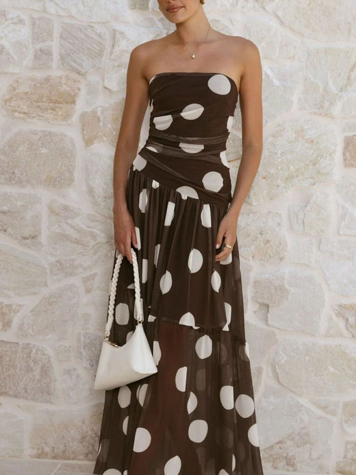 Polka Dot Strapless Ruched Maxi Dress - alternate view 2