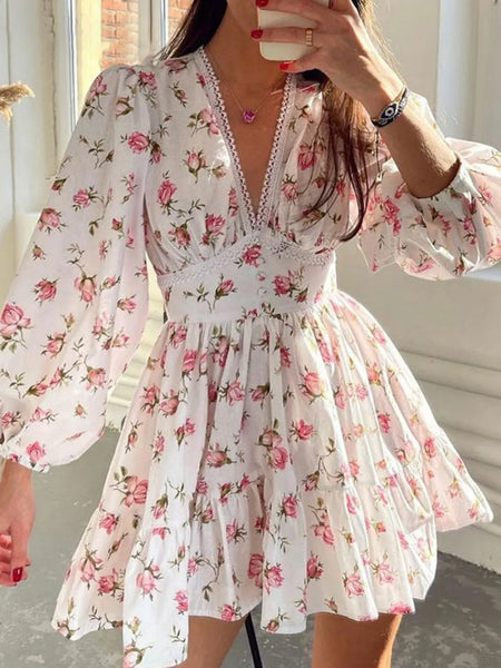 Lace Detail V-Neck Balloon Sleeve Dress - alternate view 3