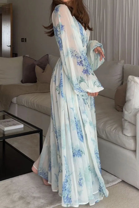 Floral Print Bohemian Maxi Dress with Balloon Sleeves - alternate view 5