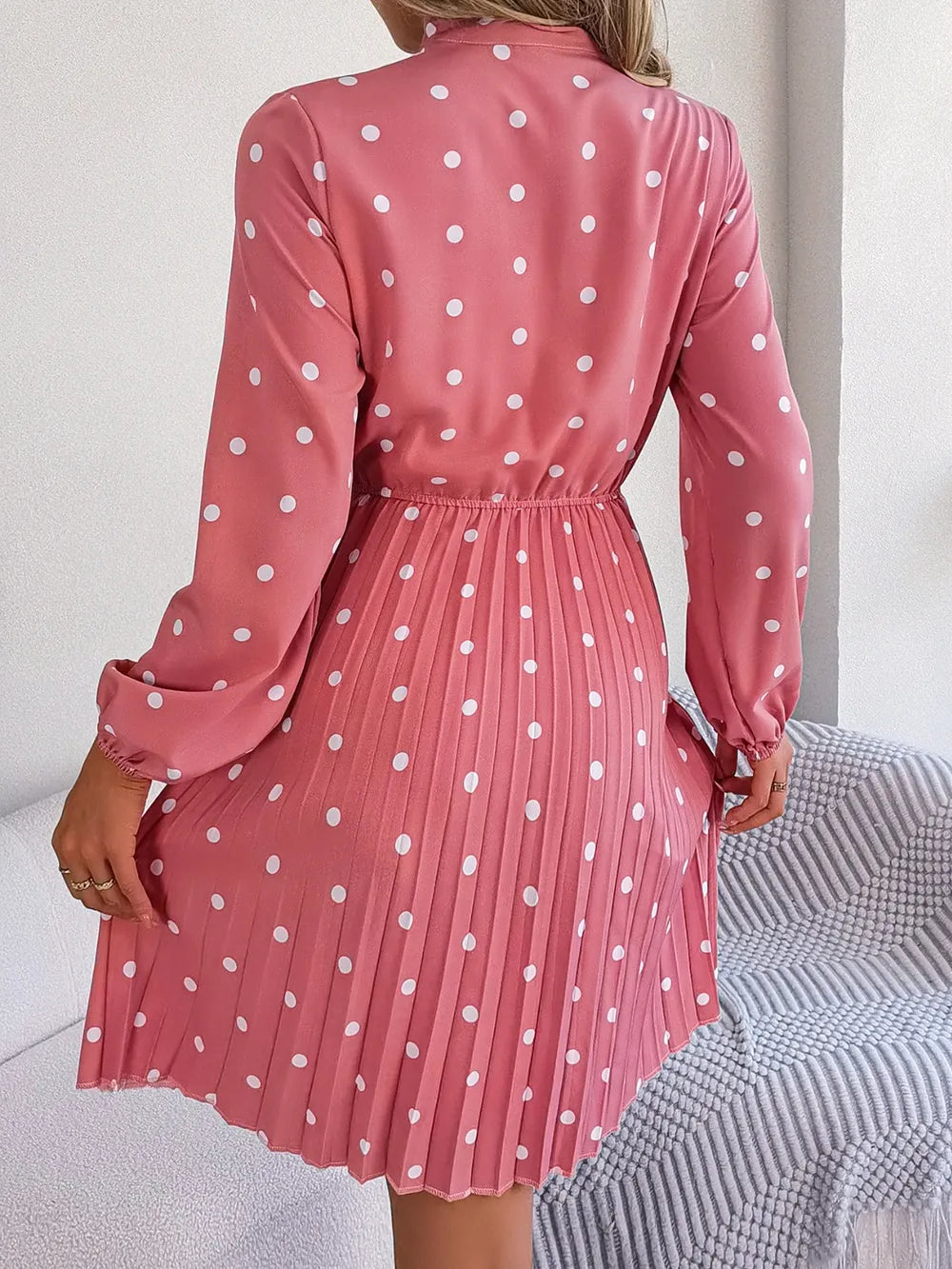 Polka Dot Tie Neck Pleated Dress - alternate view 2