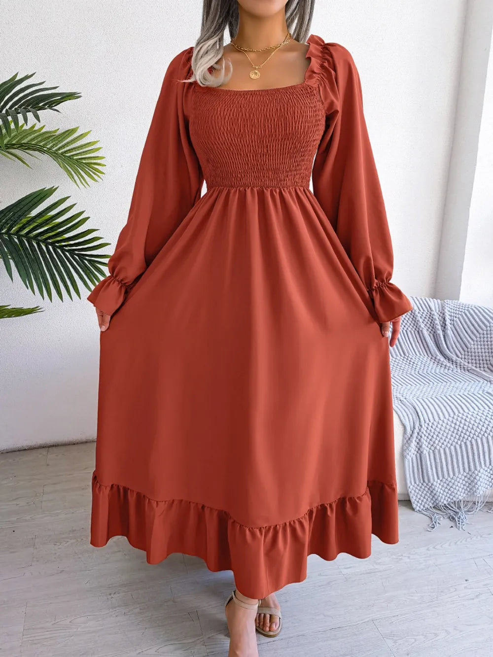 Smocked Square Neck Flounce Sleeve Dress - alternate view 3