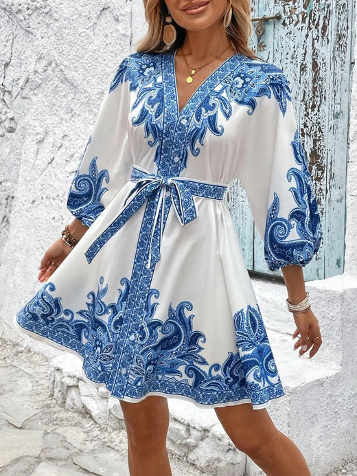 Paisley V-Neck 3/4 Sleeve Mini Dress - alternate view 5
