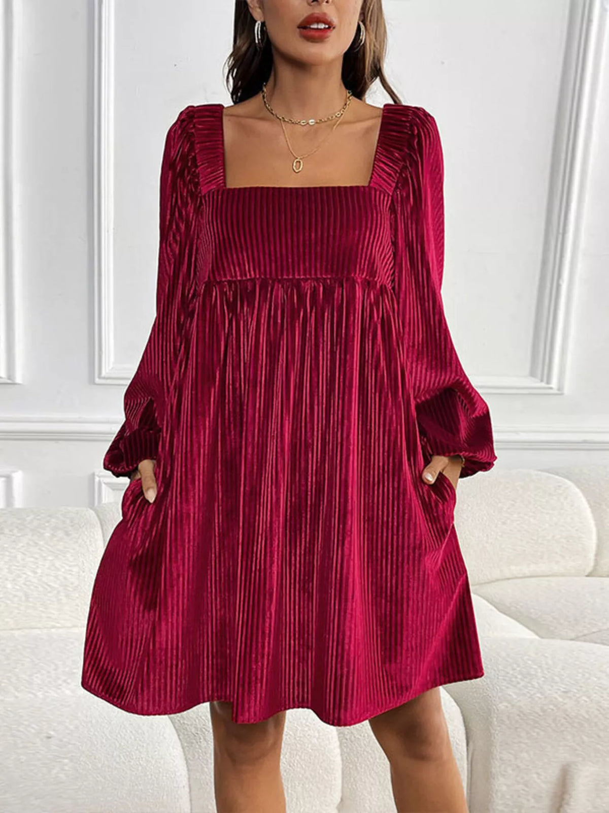 Velvet Square Neck Long Sleeve Dress - alternate view 11