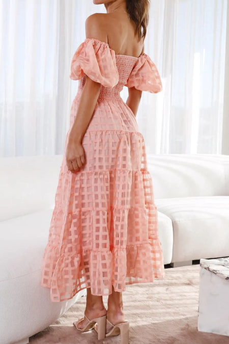 Off Shoulder Short Puff Sleeve Midi Dress - alternate view 3