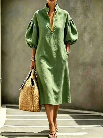 Half-Zip Puff Sleeve Midi Dress - alternate view 10