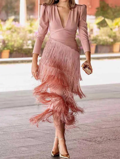 Fringed V-Neck Puff Sleeve Maxi Dress - alternate view 11