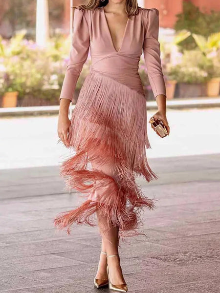 Fringed V-Neck Puff Sleeve Maxi Dress - alternate view 11
