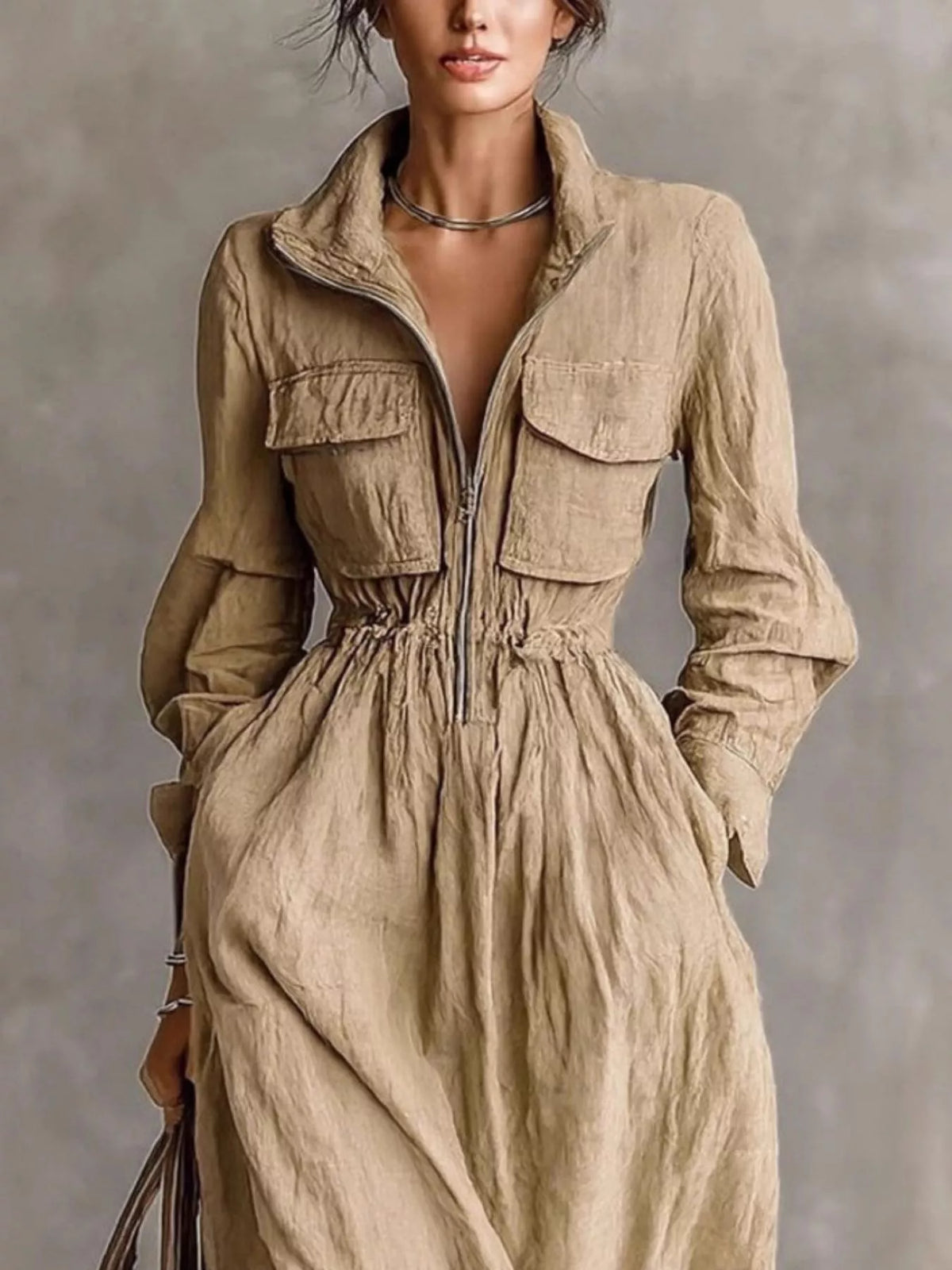 Zip-Front Long Sleeve Maxi Shirt Dress - alternate view 1