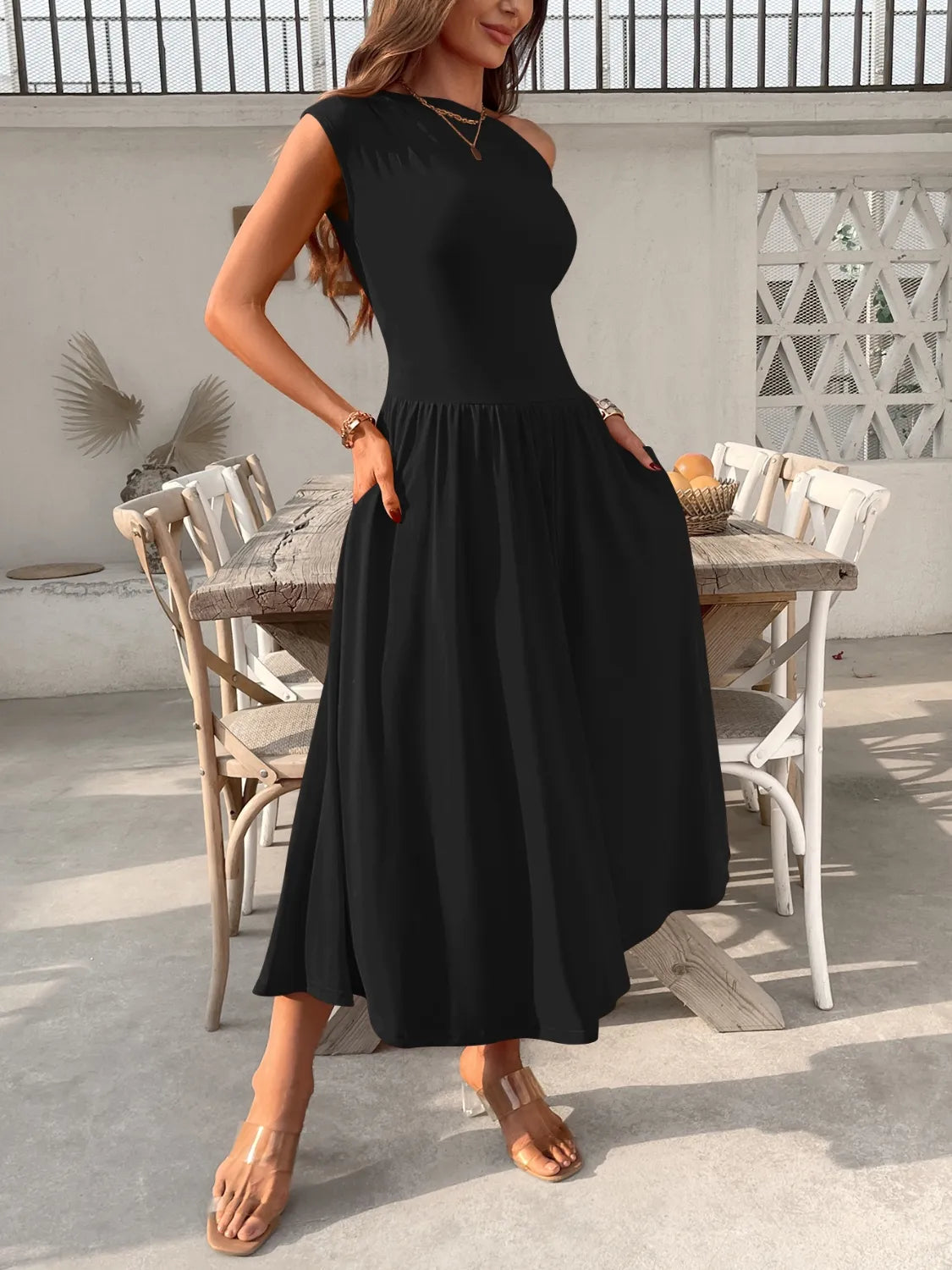 Single Shoulder Dress with Pockets - alternate view 4