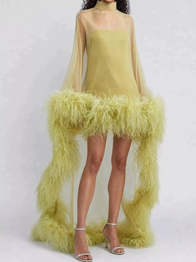 Feather-Trimmed Sheer Mock Neck Mini Dress