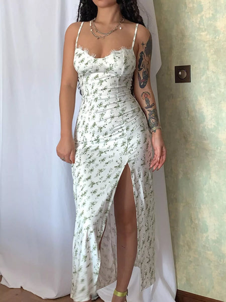 Floral Print Lace Trim Slit Midi Dress - alternate view 11