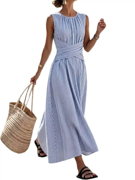 Full Size Sleeveless Striped Maxi Dress with Criss-Cross Waist Detail Plus Size