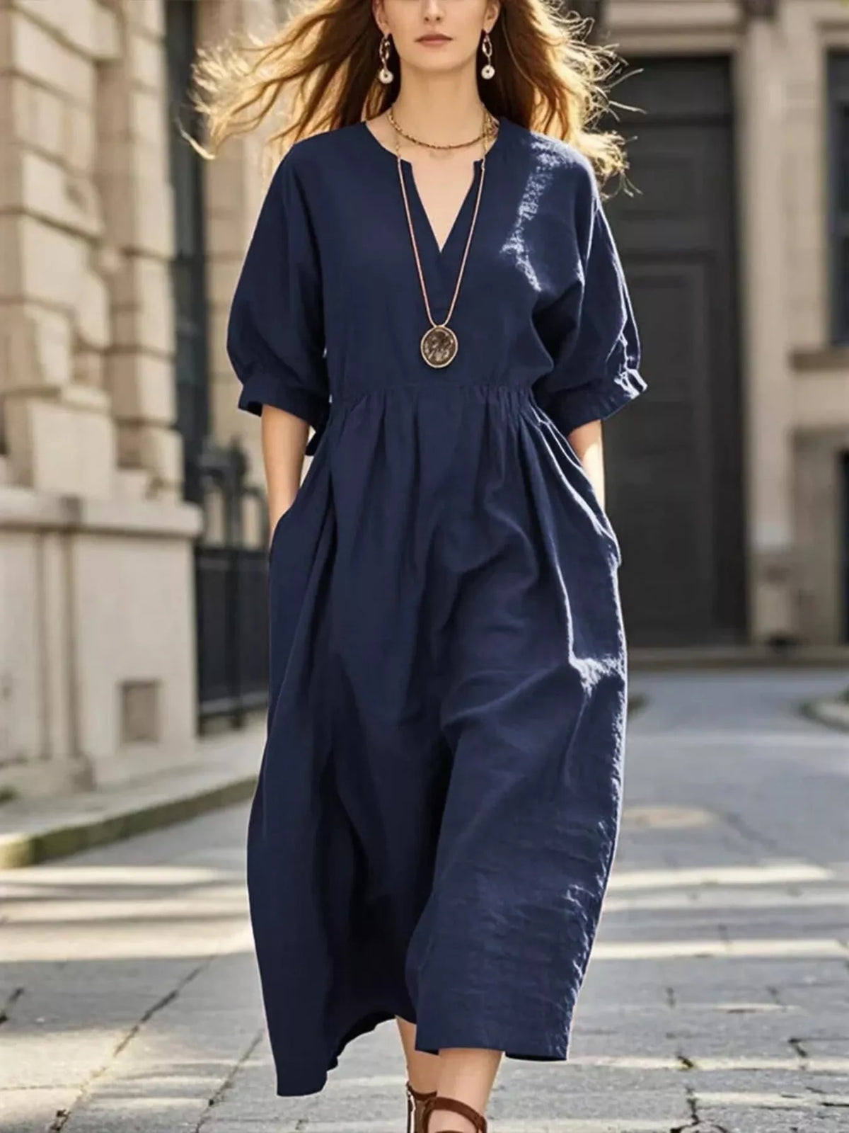 Notched Half Sleeve Midi Dress - alternate view 3