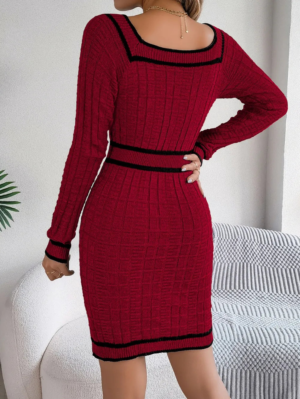 Contrast Trim Long Sleeve Sweater Dress - alternate view 3